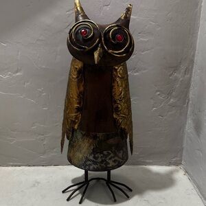 Metal OWL Sculpture Tall Red Eye Figure Statue Brutalist 14”
